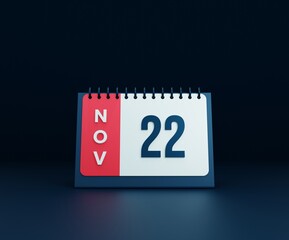 November Realistic Desk Calendar Icon 3D Illustration Date November 22