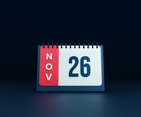 November Realistic Desk Calendar Icon 3D Illustration Date November 26