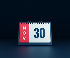 November Realistic Desk Calendar Icon 3D Illustration Date November 30
