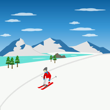 Illustration Of Skiing On The Iceberg Or Mount Everest, Flat Design Vector