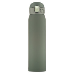 Bottle of green color on a white background. Thermos isolate for hot drinks. Dishes for storing hot drinks.
