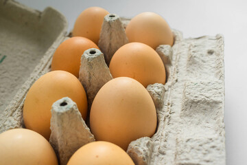 Brown eggs in an open cardboard box on a white background