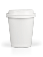Coffee to go, close up of blank paper cup isolated on white background