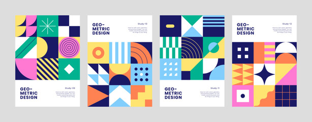 Abstract geometric pattern set. Modern colorful seamless design for covers. Minimal vector illustrations with geometrical shapes.