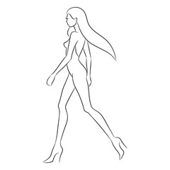 Fashion model walking on a podium, vector line illustration. fashion sketch of a slim beautiful woman with long hair. 