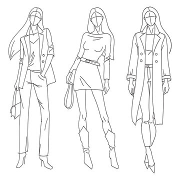 Woman fashion sketch. Vector line illustration of fashion models.