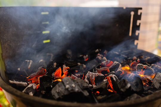 Stock Image Of Charcoal Fire Grill, Close Up With Live Flames.