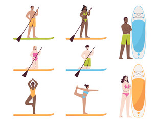 Young people with sup. Set of multicultural men and women have different activities with board. Stand up paddle. Vector collection in flat style - obrazy, fototapety, plakaty