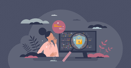 Cyber security course and education about digital safety tiny person concept. Online learning about data encryption, fraud and scam protection and information privacy awareness vector illustration.
