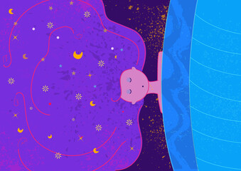 Good night illustration sleeping under the stars. Have nice dreams. Blue and purple starry night, sleep. Sleep well rest well be calm 