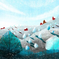 Winter landscape, with a red house and snow-covered trees. Illustration for postcards and posters

