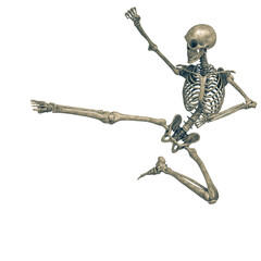 skeleton in a white background running doing a a jump kick