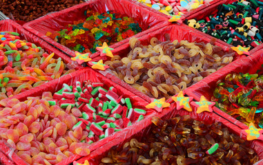 sweets and sugary candies for sale in the stall
