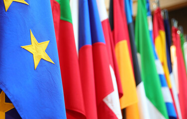 Yellow star of the European flag and in the background the other flags