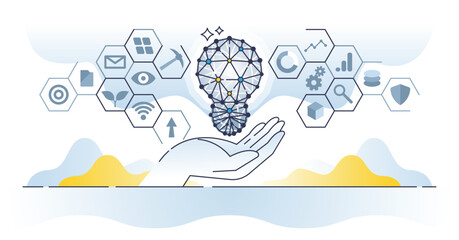 Business intelligence with company success key elements outline concept. Smart and effective approach for product launch and market research for new idea vector illustration. Forecasting and modeling