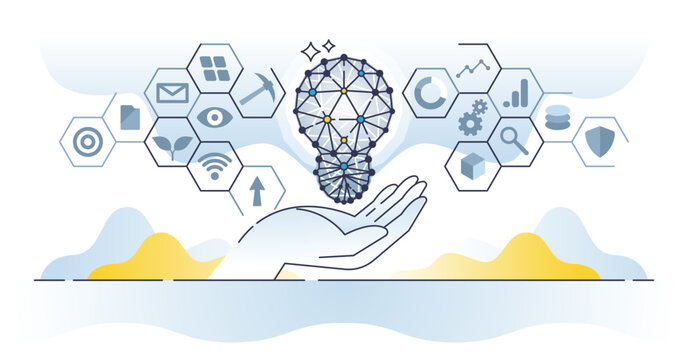 Business intelligence with company success key elements outline concept. Smart and effective approach for product launch and market research for new idea vector illustration. Forecasting and modeling