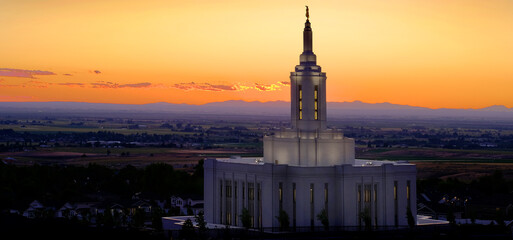 Pocatello Idaho LDS Mormon Temple with Lights at Sunset