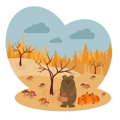 Autumn landscape with bear, trees, fields and hills.  Vector illustration in flat style.