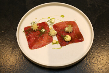 Seafood dinner with a stylishly designed plate design
