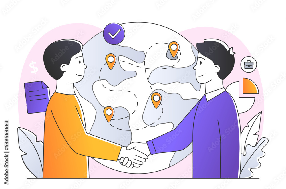 Aufkleber chatbot customer service. two men shake hands on background of globe. modern technologies and digita