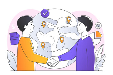 Obraz premium Chatbot customer service. Two men shake hands on background of globe. Modern technologies and digital world. Artificial intelligence, cyberspace and automation. Cartoon flat vector illustration