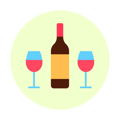 Wine bottle and two glasses flat colorful circle icon isolated on white background. Red wine alcohol beverage symbol. Romantic event celebration logo design. Abstract drink minimal vector illustration