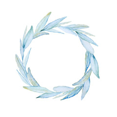 Beautiful delicate round wreath of green and blue leaves isolated on white background. Hand drawn watercolor. Copy space.