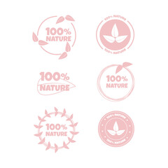 Eco, bio, organic and natural products sticker, label, badge and logo.
Ecology icon. Logo template with pink leaves for organic and eco
friendly products. Vector illustration