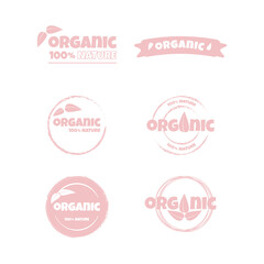 Eco, bio, organic and natural products sticker, label, badge and logo.
Ecology icon. Logo template with pink leaves for organic and eco
friendly products. Vector illustration