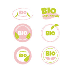 Eco, bio, organic and natural products sticker, label, badge and logo.
Ecology icon. Logo template with green leaves for organic and eco
friendly products. Vector illustration