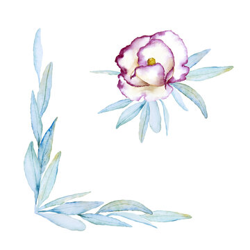 Corner floral frame of delicate blue leaves and one fantasy white and purple flower with leaves isolated on white background. Hand drawn watercolor. Copy space.