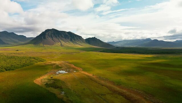 Aerial view of an amazing landscape with mountains in Iceland
