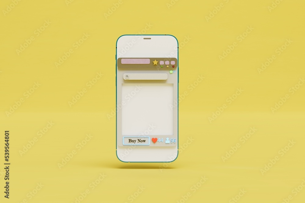 Poster shopping on the internet. browser window in the smartphone with the buy now button on a yellow backg
