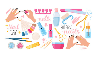Nails and manicure set with woman hands, various manicure accessories, equipment, tools. 
Design element for web icons, spa salons, nail bar, beauty salon, manicurist, stickers and social media.