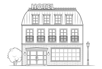 Hotel building - classic black and white illustration