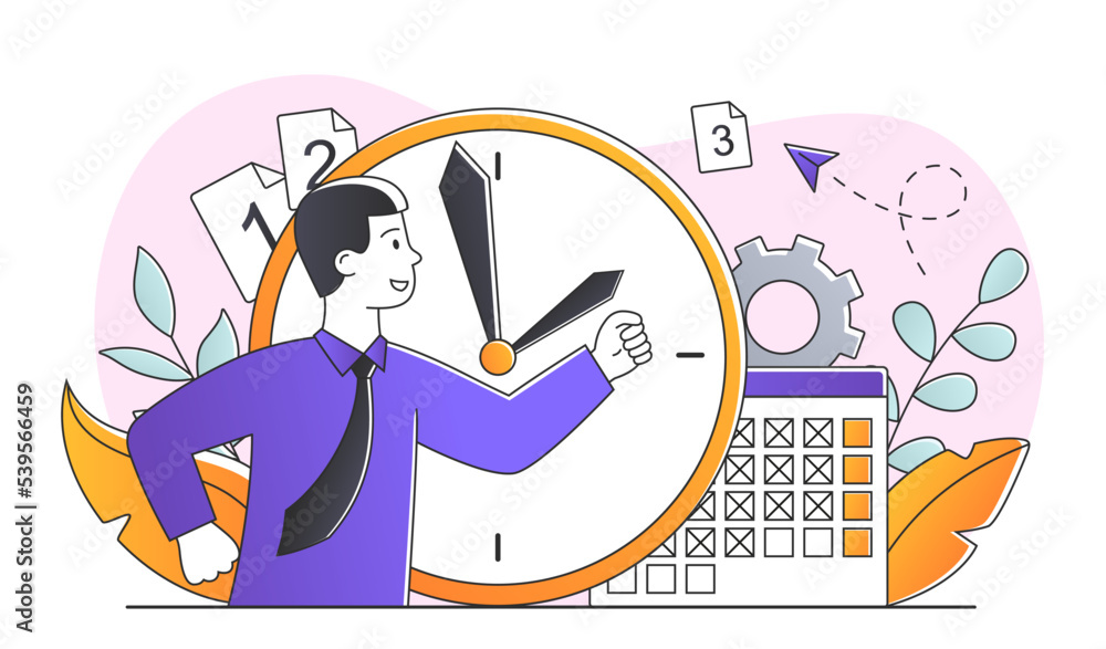 Poster time running out. deadline metaphor and poor time management. character on backdrop of calendar and 