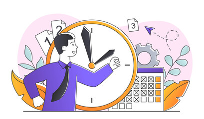 Time running out. Deadline metaphor and poor time management. Character on backdrop of calendar and clock, organizing effective workflow. Goal setting and motivation. Cartoon flat vector illustration