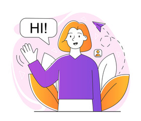 Woman for welcome. Young girl waves her hand and says Hello. Positive and optimistic, friendly character happy to see newcomer. Poster or banner for website. Cartoon flat vector illustration