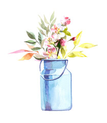 Watercolor hand painted vintage cherry blossom flowers in a watering can illustration. Beautiful spring concept banner.Nature themed ready to use design.Vintage rustic card.