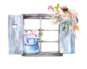 Vintage window with flowers design. Watercolor spring illustration for banner, poster,print,card,background.Provence cottage themed card. Countryside summer house graphic.