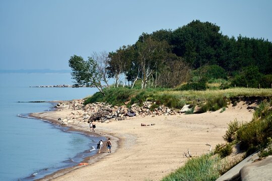 Sandy beach and high dunes with pine trees of the Baltic sea in Liepaja, Latvia