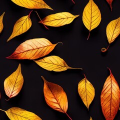 Obraz premium Orange autumn leaves on black background seamless pattern