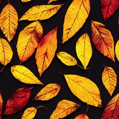 Fototapeta premium Orange autumn leaves on black background seamless pattern