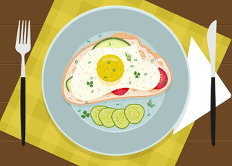 Delicious nutritious breakfast. Sandwich with egg and vegetables, sprinkled with spices and herbs. Vector illustration