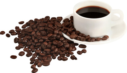 Cup of hot coffee with beans isolated on white background