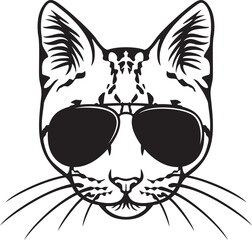 Cat Face with Aviator Sunglasses Black and White. Vector Illustration.