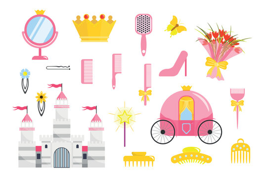 Set of equipment princesses in cartoon style. Vector illustration of crown, carriage, castle, bouquet of flowers, pocket mirror, combs, hairpins, magic wand on white background.