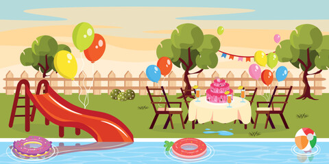 Vector illustration of a fun birthday party. Cartoon landscape with cake, table, balloons, cocktails, pool with slides, balls, inflatable circles.