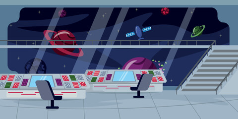 Vector illustration of the modern space station interior. Cartoon interior with a large command panel, armchairs, a platform for viewing space and planets.