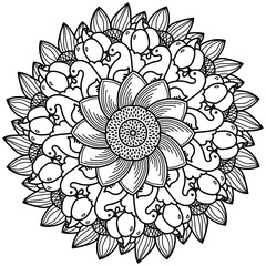 Thanksgiving mandala with turkey and flower, meditative coloring page